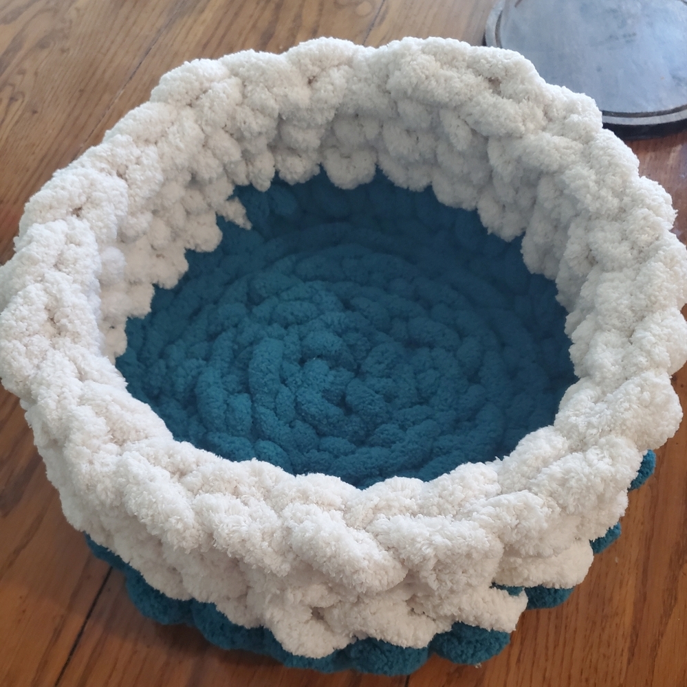 Handcrafted Cream and Teal Knitted Dog Bed